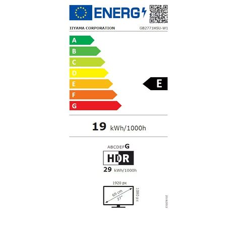 Étiquette d'efficacité énergétique pour un écran Iiyama, classé en catégorie E avec une consommation de 19 kWh/1000h. L'écran affiche une résolution de 1920 px et une taille de 27 pouces.
