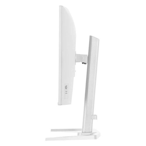 Écran d'ordinateur blanc vu de profil, monté sur un pied de support assorti.