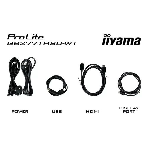 Câbles pour écran Iiyama ProLite comprenant un câble d'alimentation, un câble USB, un câble HDMI et un câble DisplayPort.