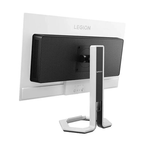 Écran de PC Lenovo Legion de couleur blanche avec un pied de support noir et blanc.