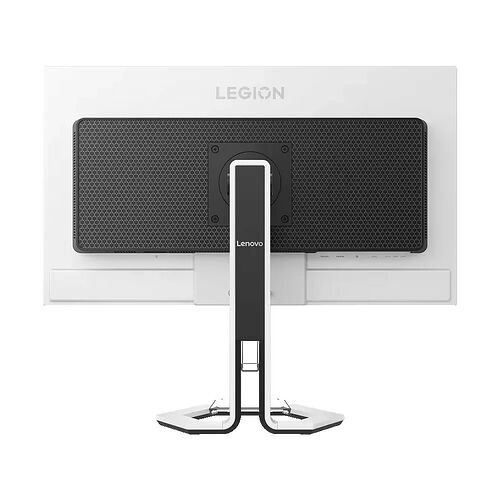 Écran de PC Lenovo Legion blanc avec un pied de support noir et blanc. L'arrière de l'écran présente une grille de ventilation noire.