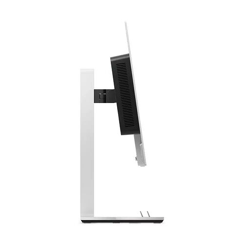 Vue de profil d'un écran d'ordinateur blanc avec un pied de support fin et minimaliste.