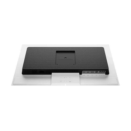 Vue arrière d'un écran d'ordinateur blanc avec un support noir et divers ports de connectivité visibles à l'arrière.