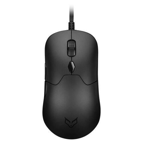 Souris gaming noire avec un design ergonomique, comprenant une molette de défilement texturée et un bouton central.
