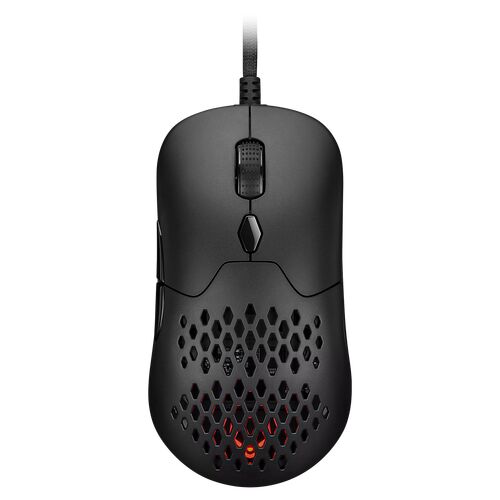Souris gamer noire avec un design perforé en nid d'abeille et un éclairage LED rouge visible à travers les ouvertures.