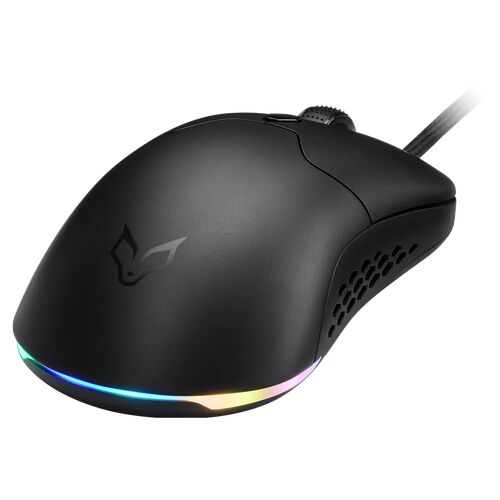 Souris gaming Asus avec un éclairage RGB coloré sur la base et un design noir mat.