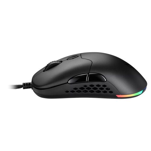 Souris gaming noire avec un design perforé et un éclairage RGB multicolore sur le dessous.