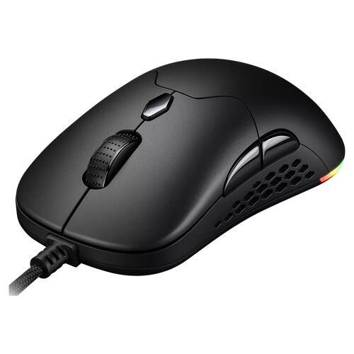 Souris gamer noire avec un design perforé sur les côtés et un câble tressé.