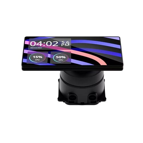 Écran de monitoring interne pour PC affichant l'heure, la date et les statistiques de performance du CPU et du GPU sur un support orientable.