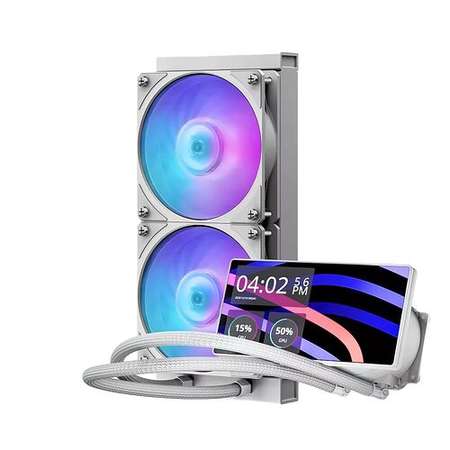 Refroidisseur liquide pour PC avec deux ventilateurs à éclairage RGB et un écran LCD intégré affichant l'heure et les statistiques du système.