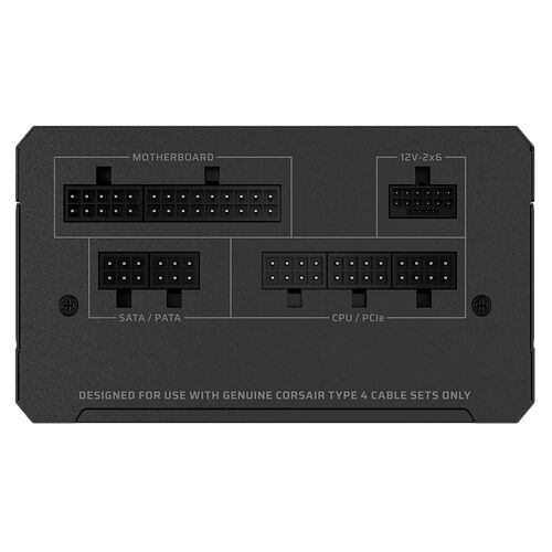 Schéma des connecteurs d'un bloc d'alimentation Corsair, montrant les ports pour la carte mère, le 12V-2x6, le SATA/PATA et le CPU/PCIe.