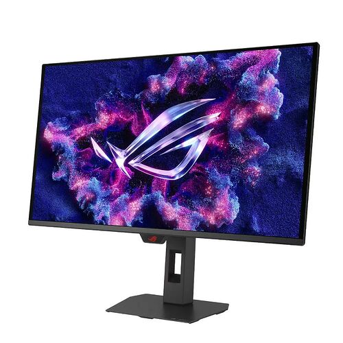 Écran PC incurvé ASUS avec un fond d'écran abstrait violet et bleu. L'écran affiche le logo ROG au centre.