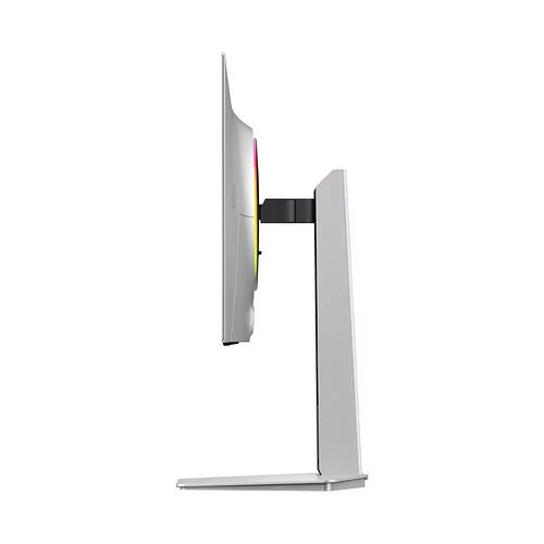 Écran d'ordinateur de profil, montrant un design fin avec un pied de support argenté.