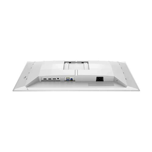 Vue arrière d'un écran blanc montrant les connectiques, notamment des ports HDMI, DisplayPort et USB, ainsi que l'emplacement pour le câble d'alimentation.