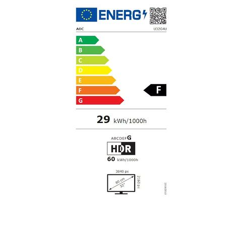 Étiquette d'efficacité énergétique pour un écran AOC, classé en catégorie F avec une consommation de 29 kWh/1000h. L'écran affiche une résolution de 3840 px et une taille de 32 pouces.