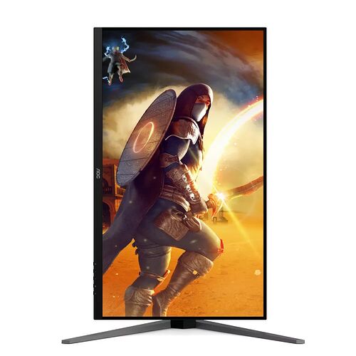 Écran de PC AOC affichant une illustration de personnage fantastique avec un bouclier et une épée lumineuse. L'écran est monté sur un pied en forme de V.