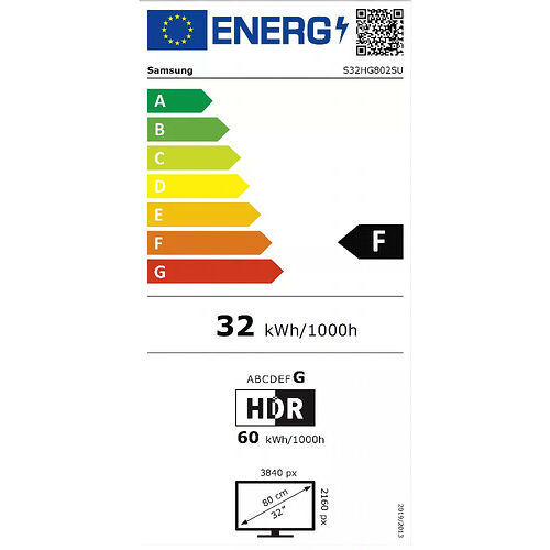 Étiquette d'efficacité énergétique pour un écran Samsung, classé en catégorie F avec une consommation de 32 kWh/1000h. L'écran affiche une résolution de 3840 px par 2160 px et une taille de 32 pouces.