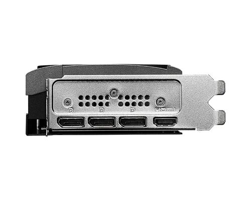 L'arrière d'une carte graphique présentant quatre ports de sortie vidéo : deux ports DisplayPort, un port HDMI et un port DVI.