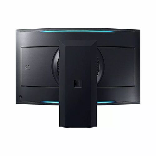 Vue arrière d'un écran de PC gamer noir avec un rétroéclairage LED bleu sur les bords supérieurs et inférieurs.
