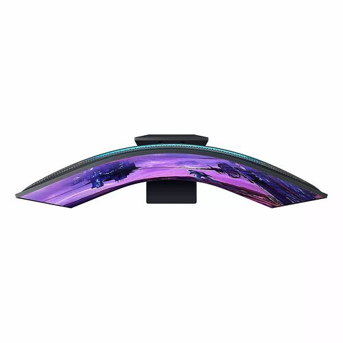 Écran incurvé gamer affichant une image aux teintes violettes et bleues, monté sur un pied noir central.