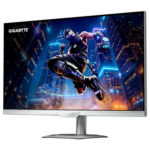 Écran de PC Gamer Gigabyte affichant une scène d'action urbaine futuriste. L'écran possède des bordures fines et un pied gris élégant.