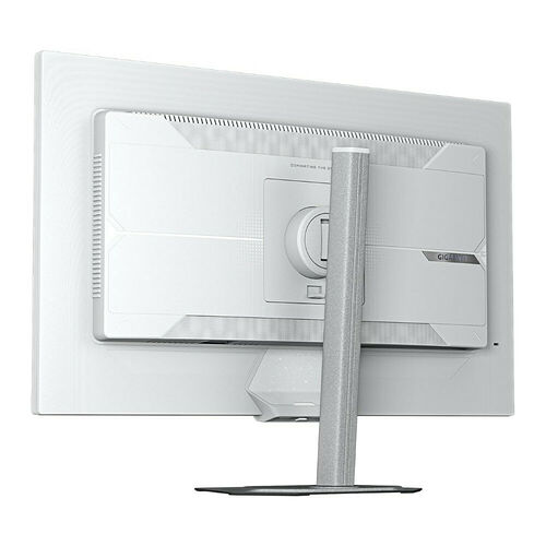 Écran de PC Gigabyte de couleur blanche, présenté de dos avec son pied de support.