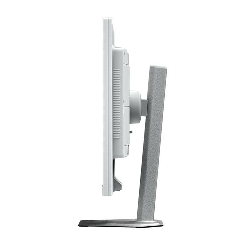 Écran d'ordinateur blanc avec un pied de support gris, présenté de profil sur fond blanc.