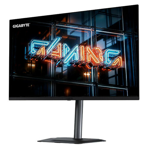 Écran de PC gamer Gigabyte avec un design incurvé et un pied de support noir. L'écran affiche un motif néon bleu et orange.