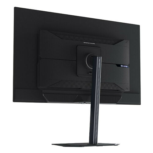 L'arrière d'un écran de jeu Gigabyte noir avec son pied de support réglable.