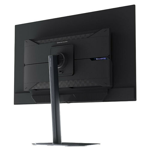 L'arrière d'un écran de jeu Gigabyte noir avec son pied de support central.