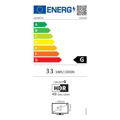 Étiquette d'efficacité énergétique pour un écran Gigabyte, classé en catégorie G avec une consommation de 33 kWh/1000h. L'écran affiche une résolution de 2560 x 1440 px et une taille de 32 pouces.