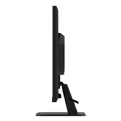 Écran d'ordinateur noir de profil, montrant la dalle fine et son pied de support réglable.