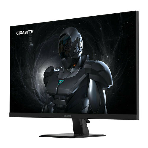 Écran de PC Gigabyte affichant une illustration de robot futuriste sur un fond sombre. L'écran est monté sur un pied noir minimaliste.