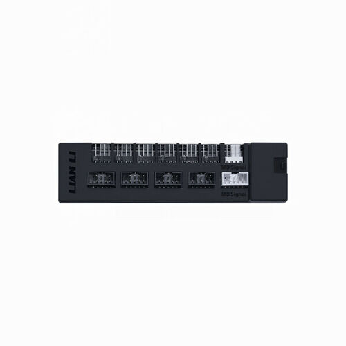 Contrôleur Lian Li avec plusieurs ports de connexion pour ventilateurs ou accessoires RGB, de couleur noire.