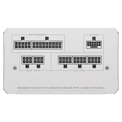 Schéma des connecteurs d'un bloc d'alimentation Corsair, indiquant les ports pour la carte mère, le 12V-2x6, le SATA/PATA et le CPU/PCIe.