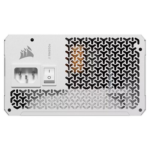 Bloc d'alimentation Corsair blanc avec sa grille d'aération et son interrupteur de marche/arrêt.