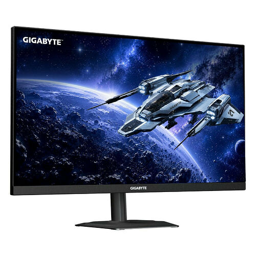 Écran de PC Gigabyte affichant une illustration d'un vaisseau spatial en plein combat dans l'espace.