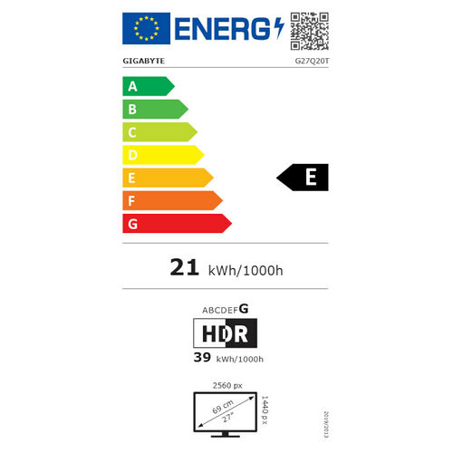 Étiquette d'efficacité énergétique pour un écran Gigabyte, classé en catégorie E avec une consommation de 21 kWh/1000h. L'écran affiche une résolution de 2560 px et une taille de 27 pouces.
