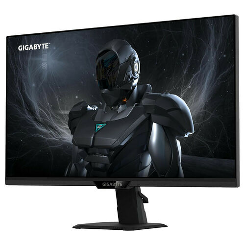 Écran de PC gamer Gigabyte affichant une illustration de personnage robotique sur un fond sombre et texturé.