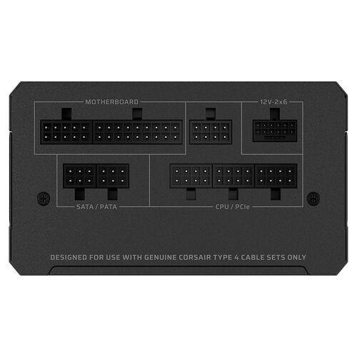 Schéma des connecteurs d'un bloc d'alimentation Corsair, incluant les ports pour la carte mère, le 12V-2x6, le SATA/PATA et le CPU/PCIe.