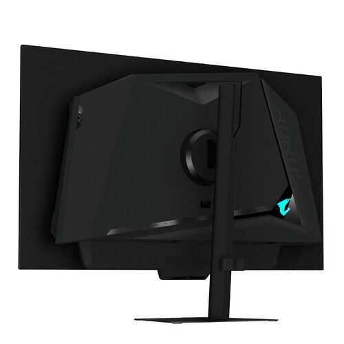 Écran de PC gamer Acer vu de l'arrière, avec un pied de support noir et le logo de la marque en bleu clair.
