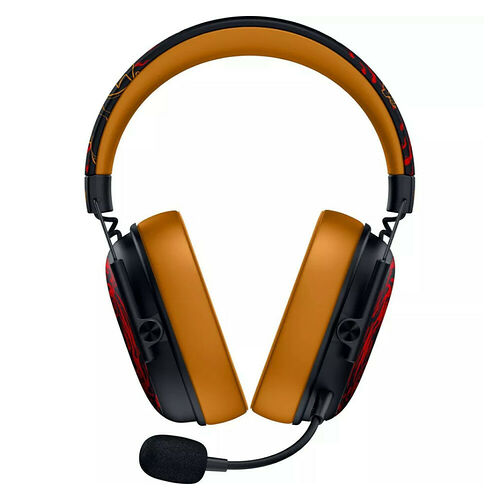 Casque gaming avec un design orange et noir et des motifs rouges sur l'arceau et les écouteurs, équipé d'un micro intégré.