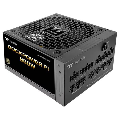 Bloc d'alimentation Thermaltake DockPower FI de 850W, de couleur noire avec des inscriptions dorées, présentant divers connecteurs modulaires sur le côté.