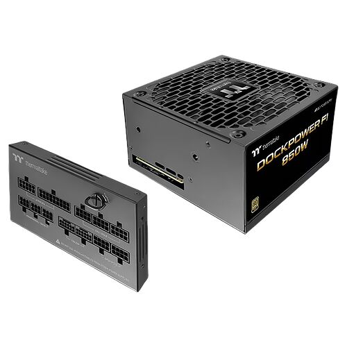 Bloc d'alimentation Thermaltake Dock Power 850W, présenté sous deux angles montrant la grille de ventilation et les connecteurs modulaires.