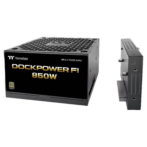 Bloc d'alimentation Thermaltake Dockpower FI 850W de couleur noire, avec une certification 80 Plus visible sur le côté.