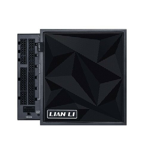 Bloc d'alimentation Lian Li avec un design géométrique noir et plusieurs connecteurs de câbles sur le côté.
