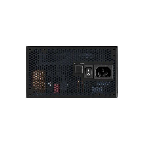 Bloc d'alimentation PC noir avec interrupteur marche/arrêt et prise d'alimentation standard.