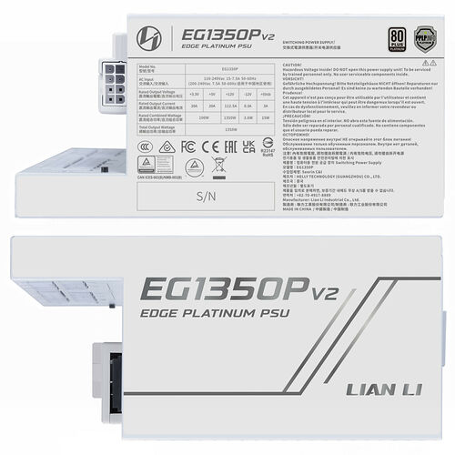 Bloc d'alimentation Lian Li EG1350P V2 Edge Platinum, une unité de 1350W avec une certification 80 PLUS Platinum.