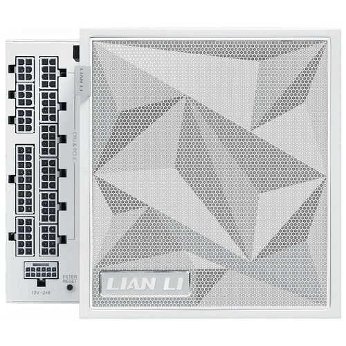 Bloc d'alimentation Lian Li blanc avec ses connecteurs CPU et PCIe visibles sur le côté.