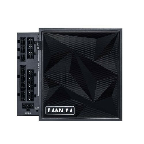 Bloc d'alimentation Lian Li avec ses câbles de connexion et son cache texturé noir.